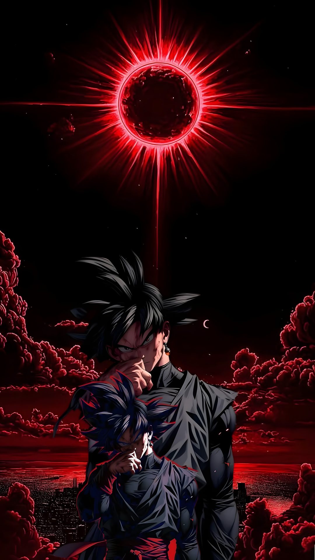 a man standing in front of a red and black background with the sun behind him Goku Black Halloween 4k black