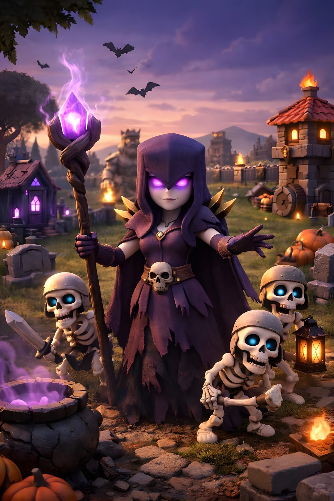 a group of skeleton skeletons standing next to each other in front of a halloween scene Clash Royale Halloween Clash Royale, Clash Of Clans, Witch, dark slate gray