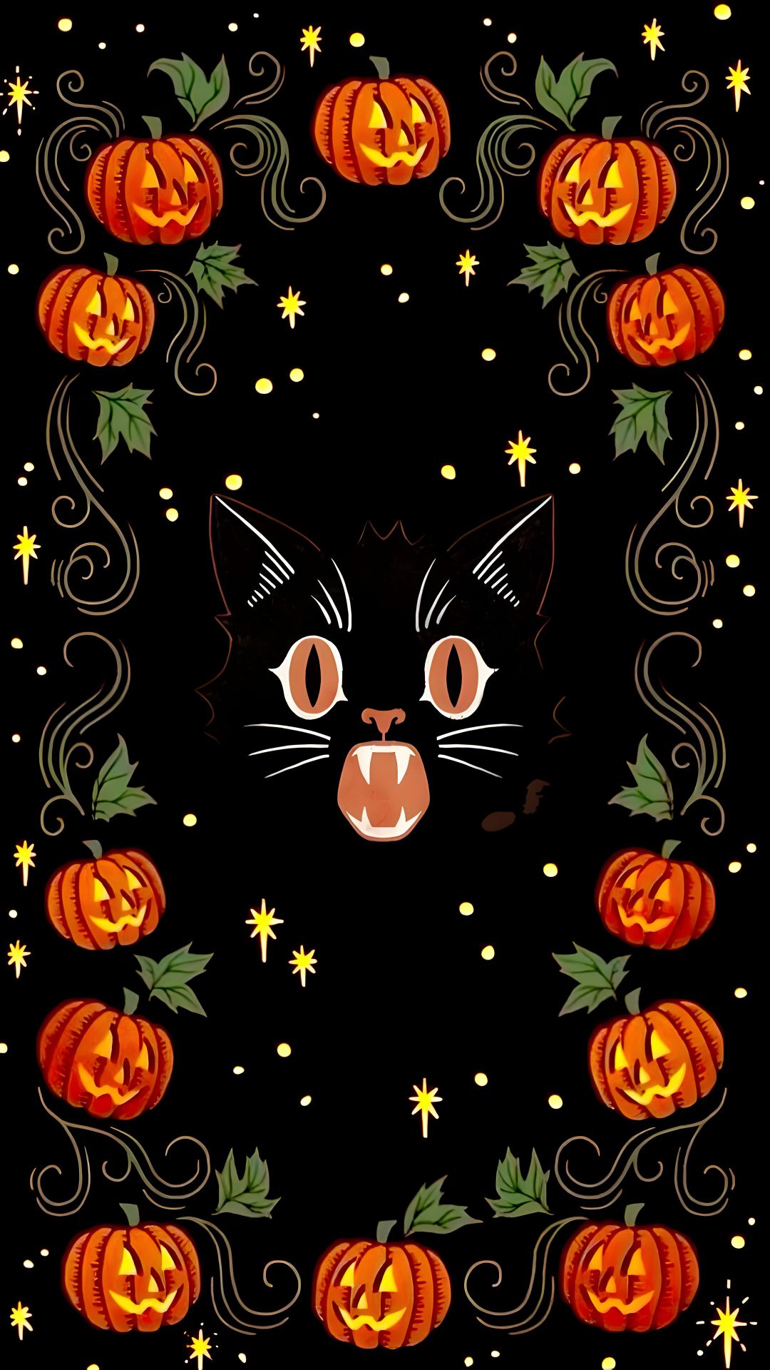 a black cat surrounded by pumpkins on a dark background with stars and swirls Johanna Parker Halloween Iphone, Halloween, black