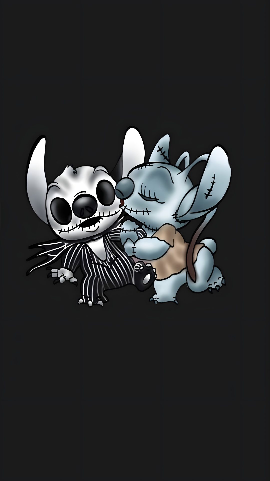 two cartoon characters are playing with each other on a black background and one is holding an object in his hand Aesthetic Halloween Stitch black