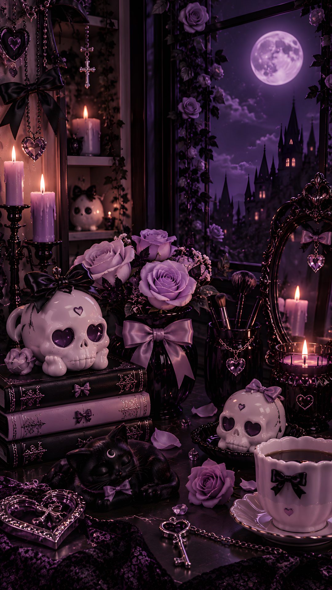 a table topped with books and skulls next to candles Aesthetic Gothic Halloween black