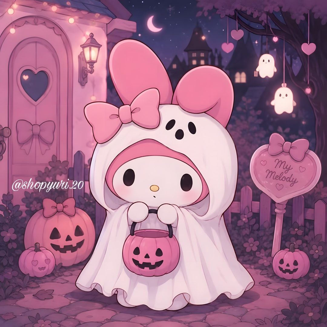 hello kitty halloween wallpaper with pumpkins and jack - o'- lanternes My Melody Halloween pale violet red