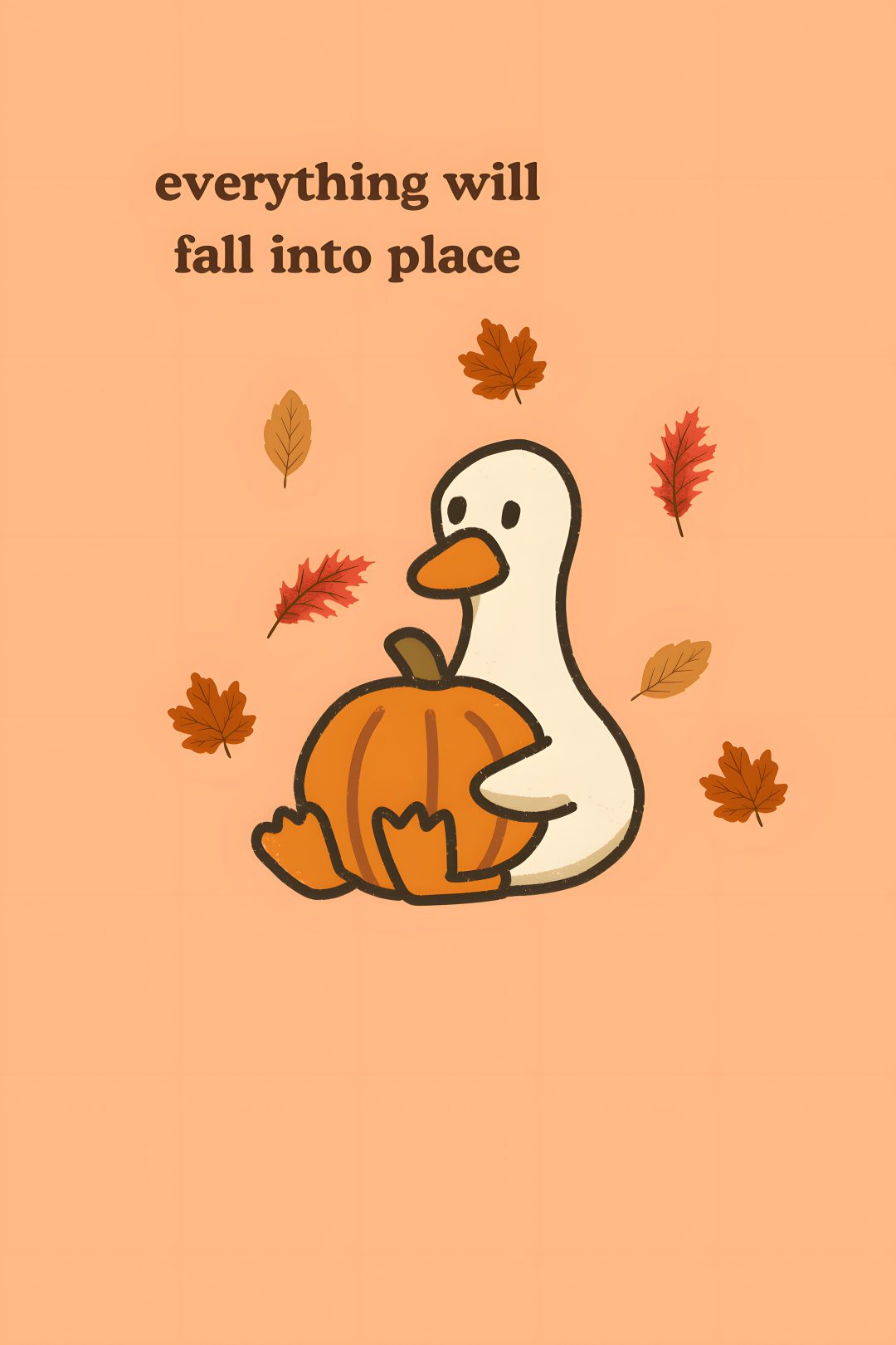 an image of a duck holding a pumpkin with leaves around it and the words, everything will fall into place Cute Halloween Duck light salmon