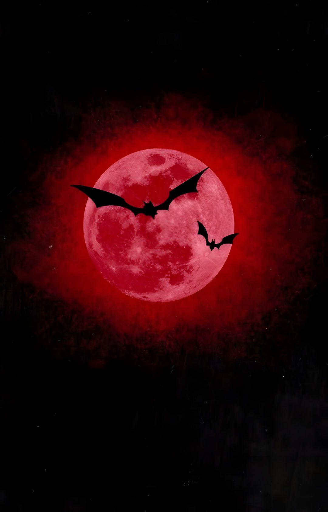 two bats flying in front of a full moon with blood red paint on it's surface Dark Red Halloween black