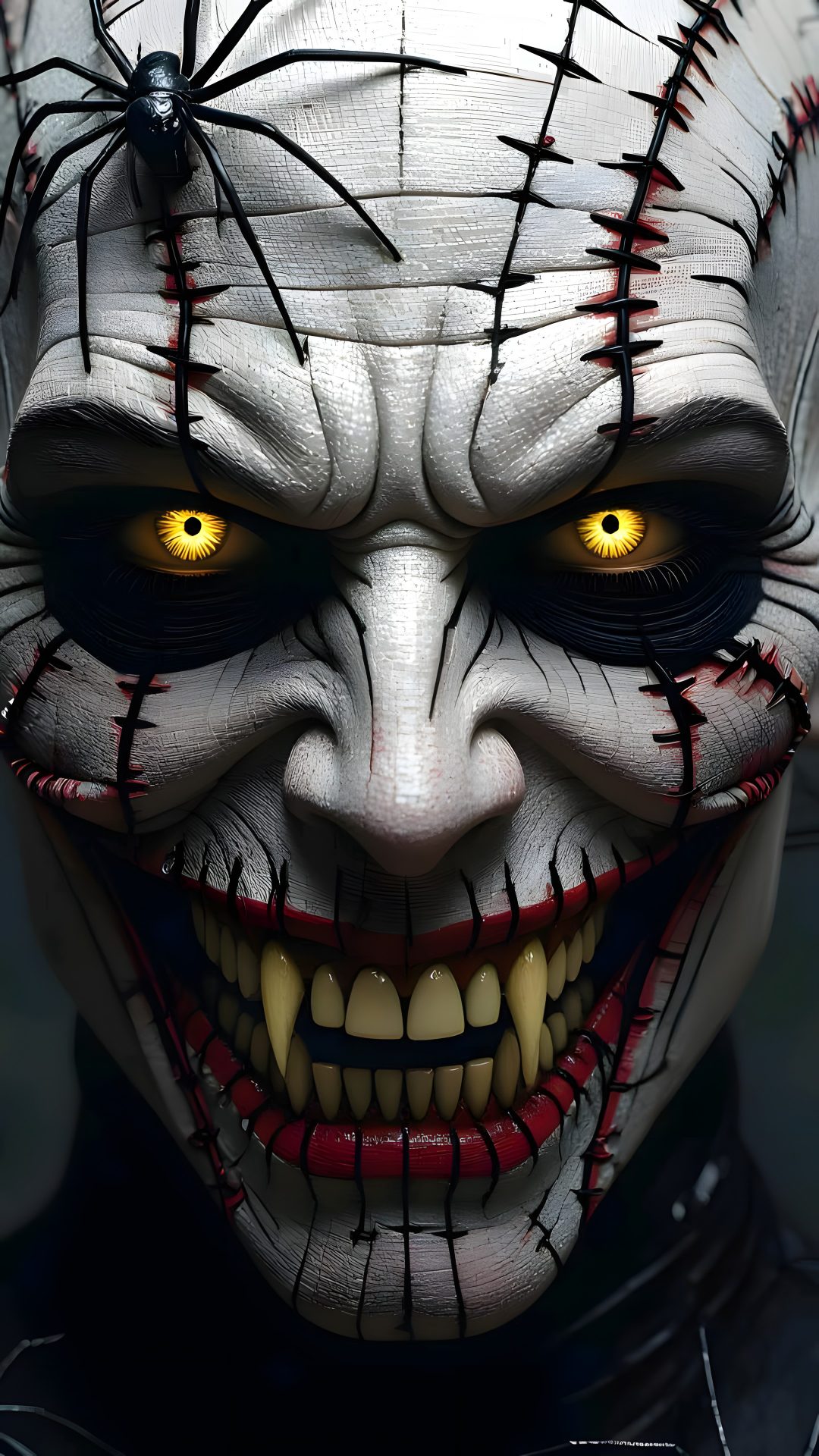 an evil clown with yellow eyes and white makeup Scary Creepy Halloween Art dark slate gray