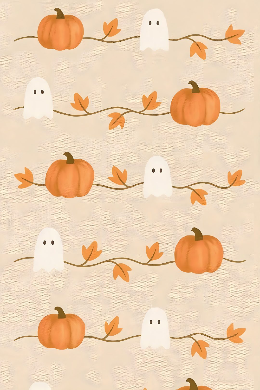 halloween wallpaper with ghost and pumpkins on the branches in orange, white and brown Simplistic Halloween wheat