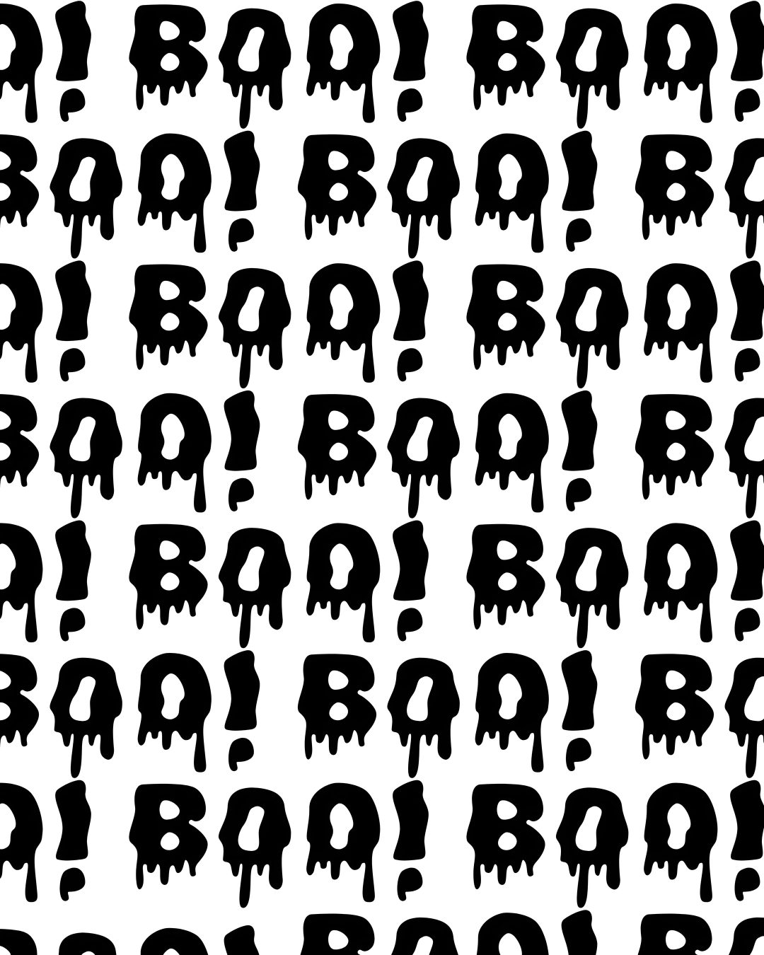 the letters and numbers are dripping in black paint on a white background, which has been drawn Halloween Liquid Boo Printable And white