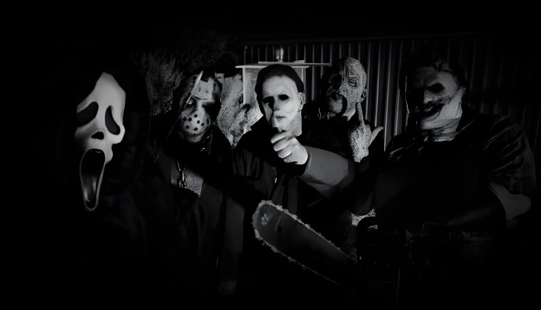 group of people wearing scary masks in the dark Halloween Killer Hd black