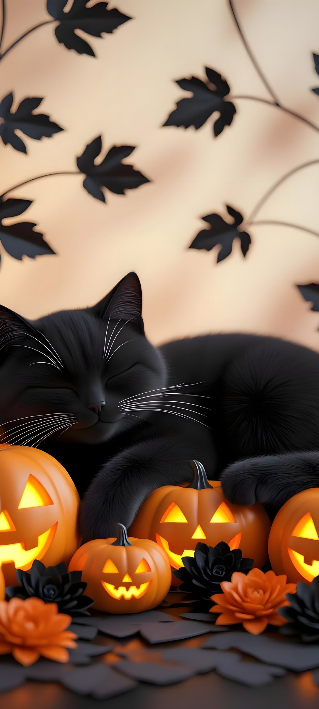 a black cat sleeping next to pumpkins with carved jack - o'- lanterns Halloween Cat 4k sienna