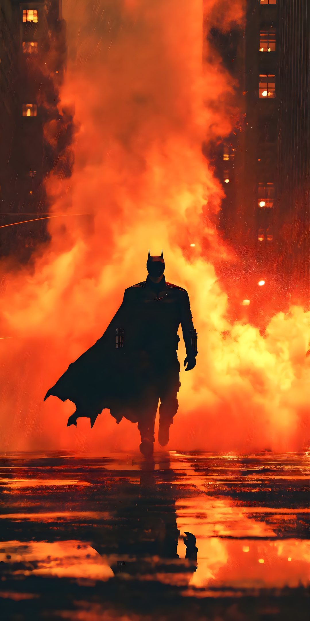 a man dressed as batman walking through a fire filled street with buildings in the background Batman Halloween Iphone firebrick