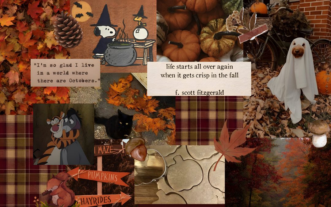 a collage of halloween images with pumpkins, ghost and other things in the background Halloween Aesthetic Collage Laptop saddle brown