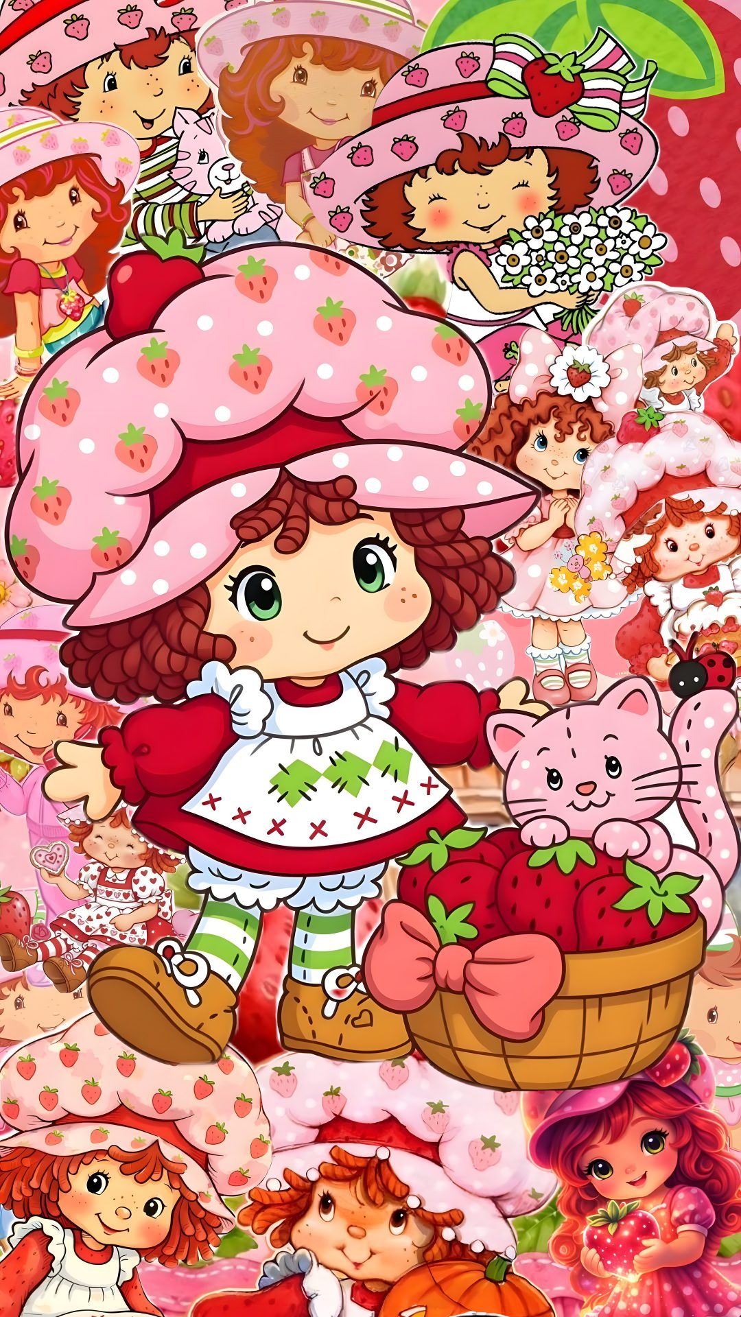 a girl with strawberrys and cats on her back, surrounded by other cartoon characters Strawberry Shortcake Halloween dark salmon