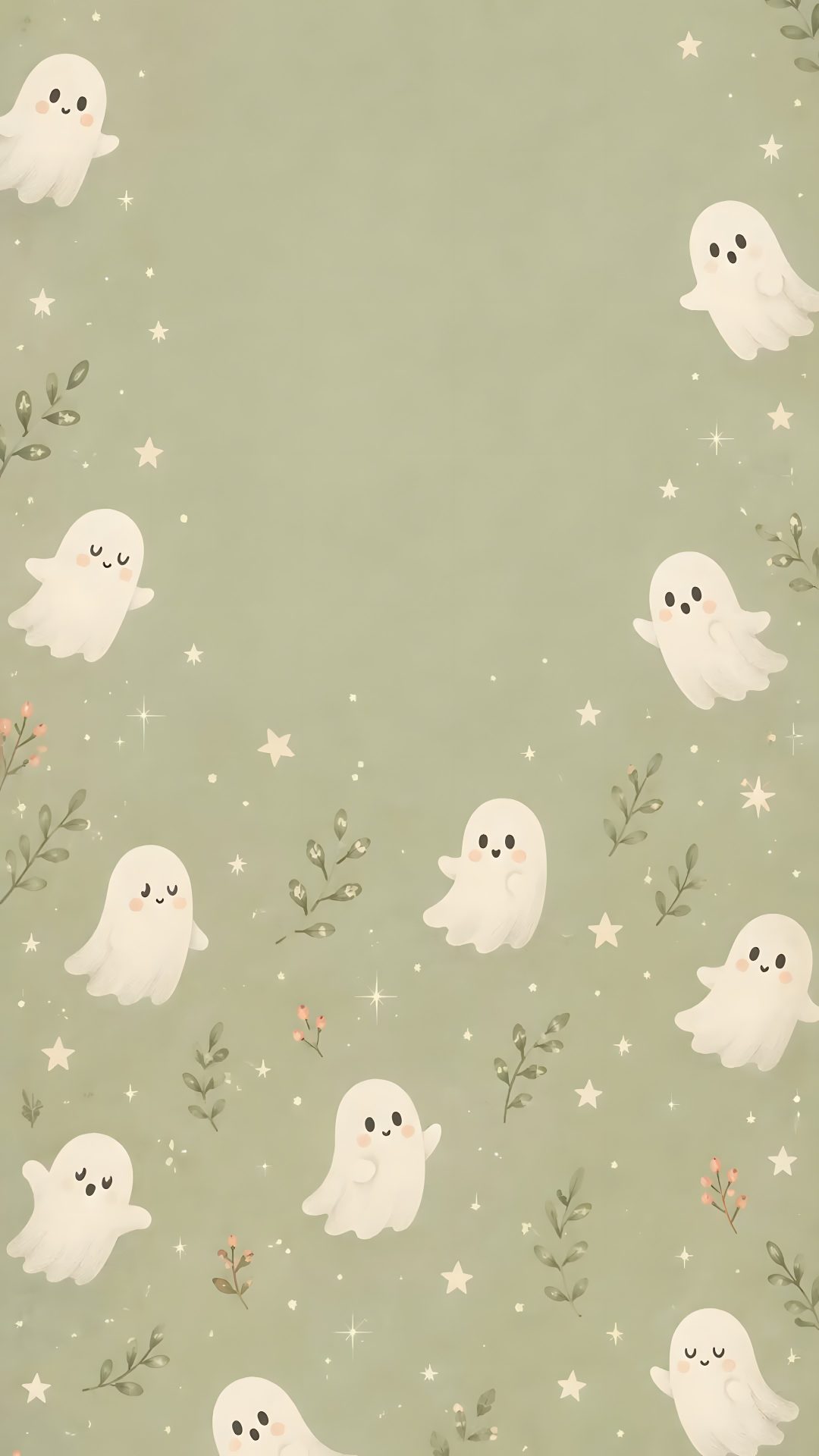 a green background with white ghost and stars Aesthetic Sage Green Halloween tan