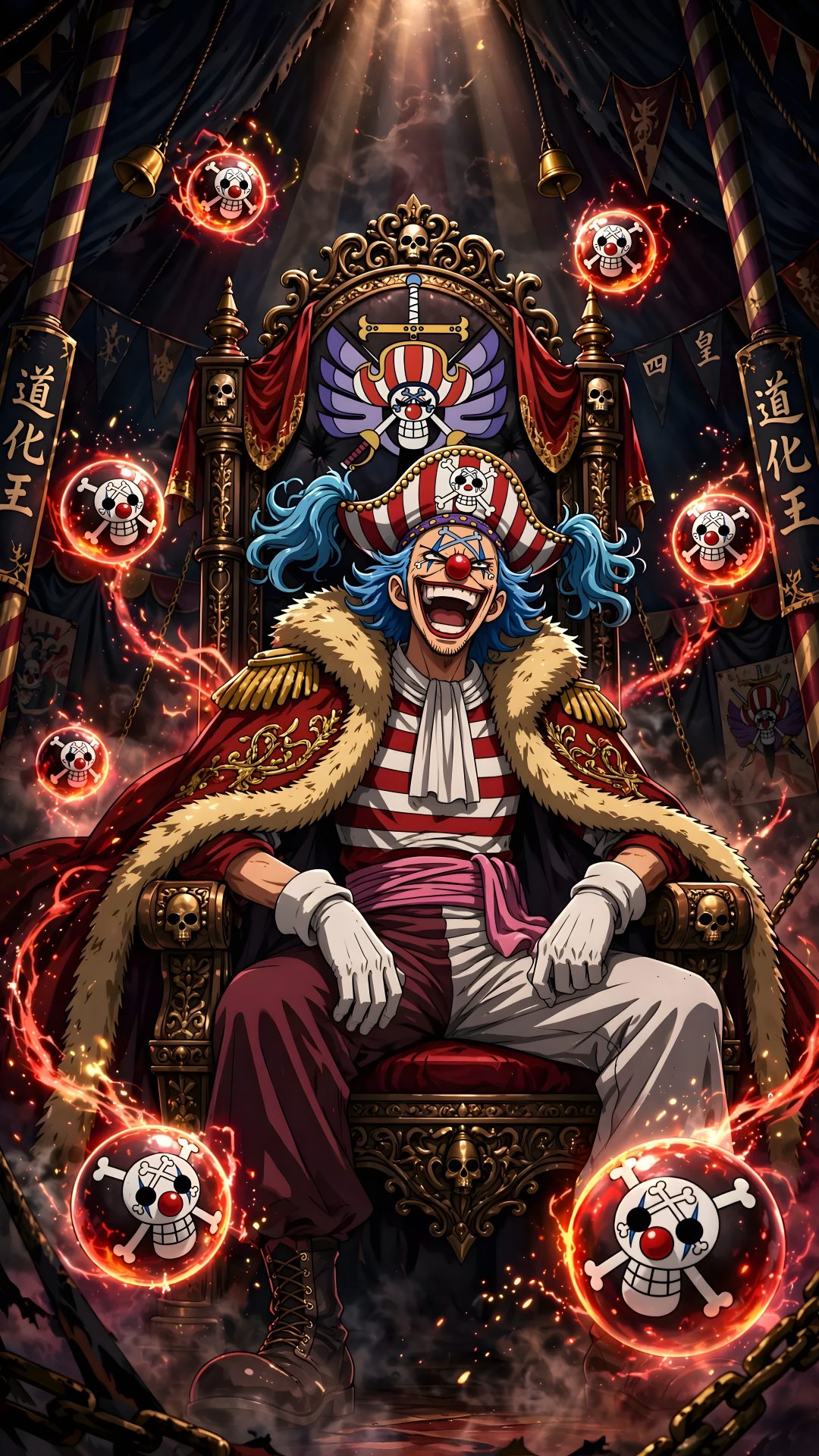 a clown sitting on top of a golden throne with skulls around his legs and eyes Halloween One Piece black