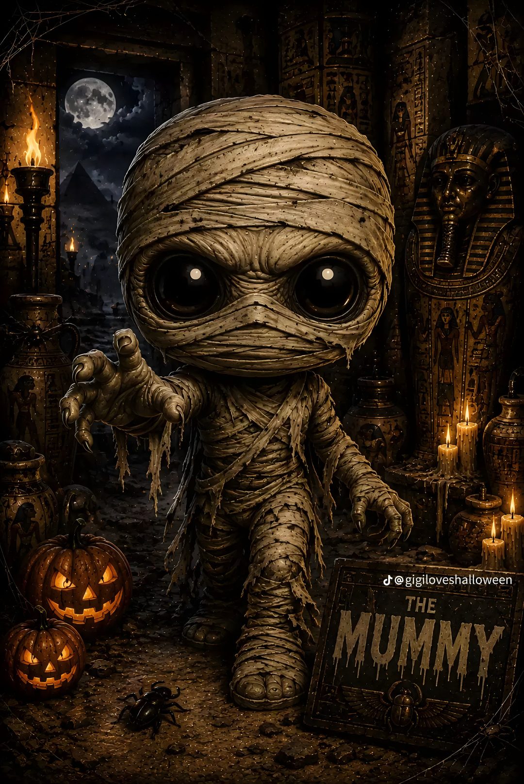 a creepy little creature holding a sign in front of some pumpkins Halloween Mummies black