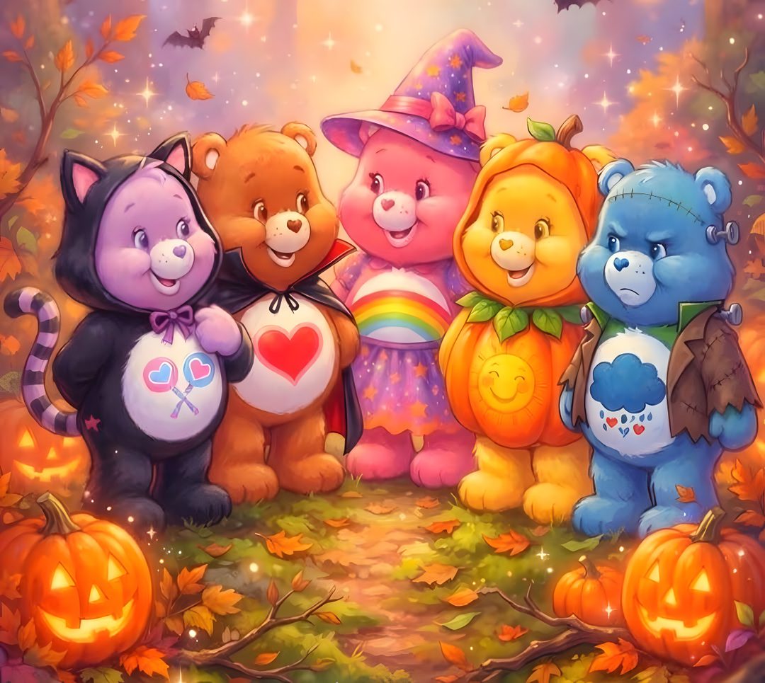 a group of teddy bears standing next to each other in front of pumpkins and leaves Care Bears Halloween peru