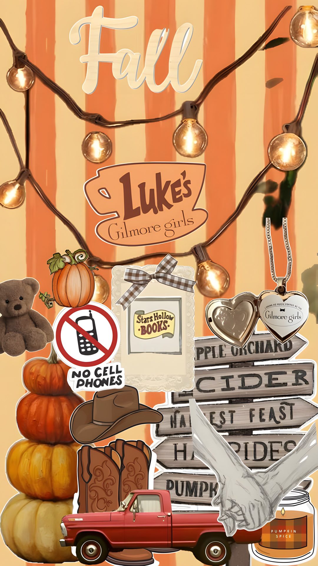 a collage of fall and halloween items including pumpkins, signs, lights, and a car Halloween Gilmore dark salmon