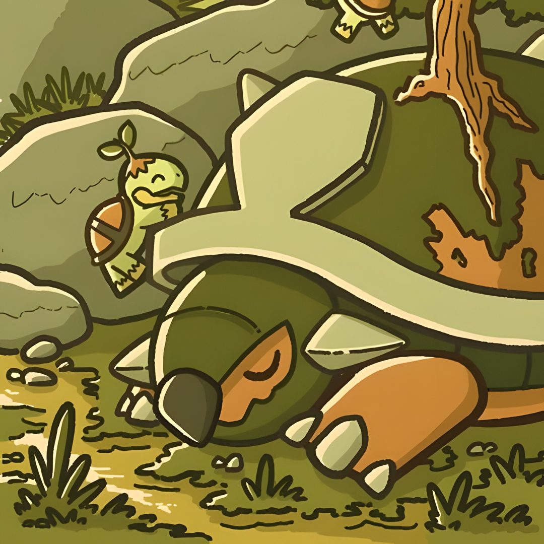 an image of a cartoon character laying on the ground with rocks and trees in the background Halloween Torterra olive drab