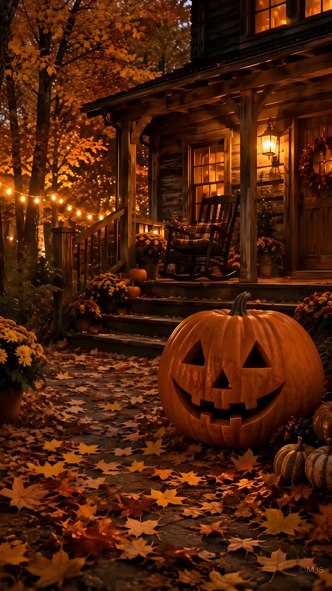 a halloween pumpkin sitting on the ground in front of a house with fall leaves around it Halloween Live maroon