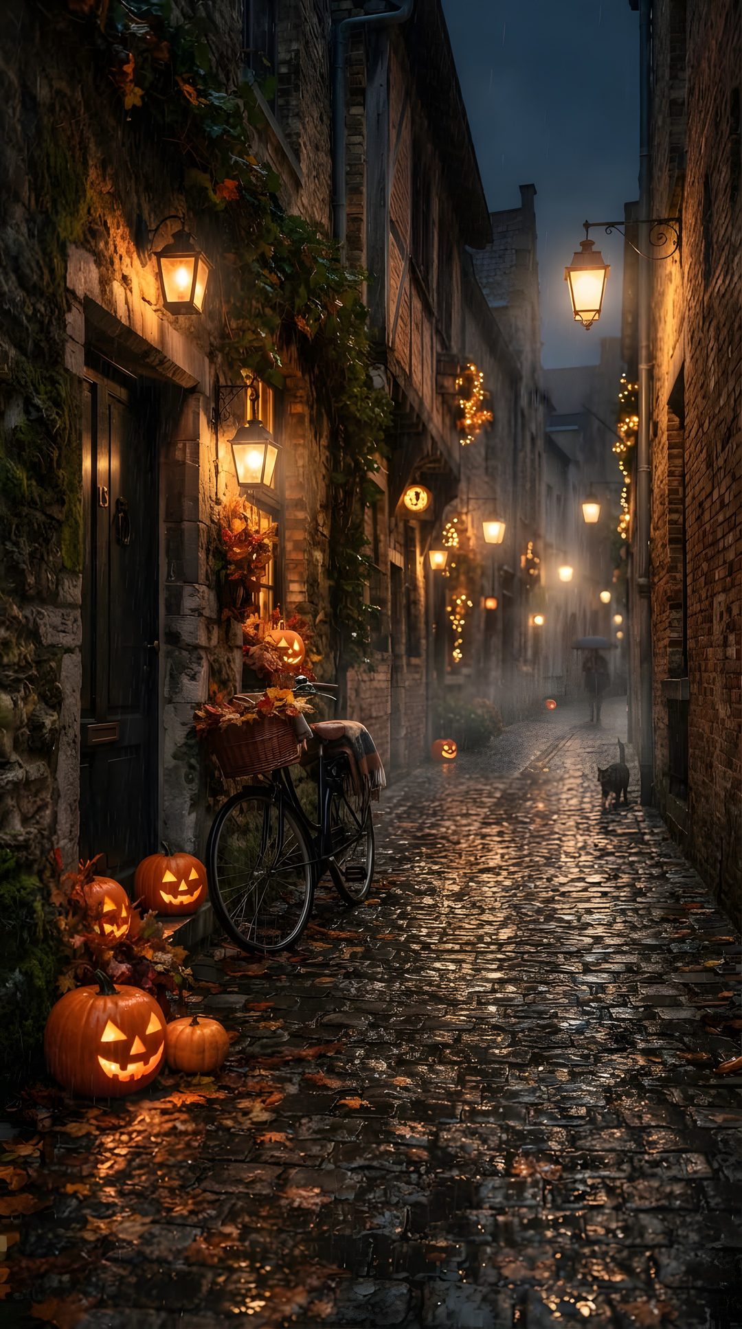 a cobblestone street with pumpkins on the ground and lights in the background Spooky Halloween Street dark slate gray