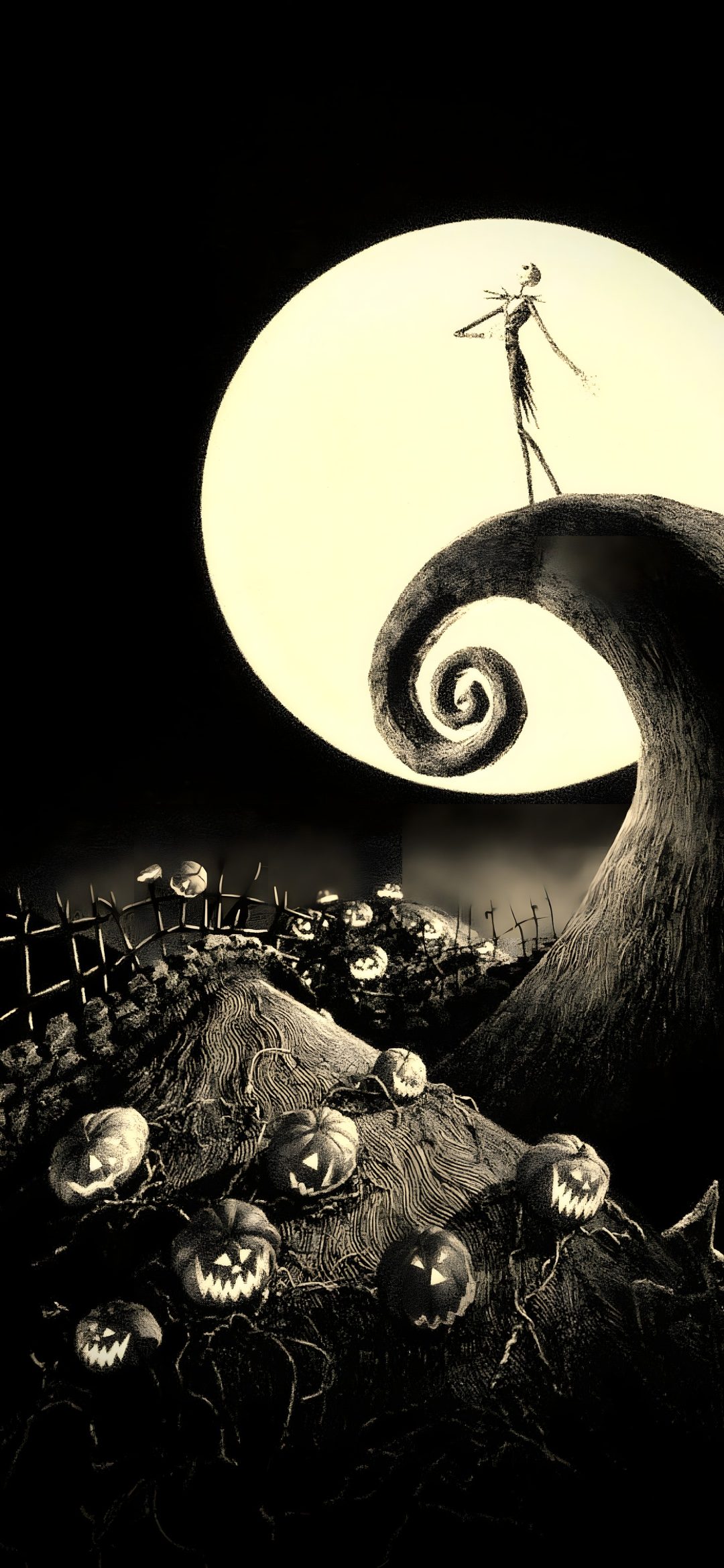 a black and white image of a man standing on top of a wave with pumpkins Halloween Jack Nightmare Before Christmas Jack, black