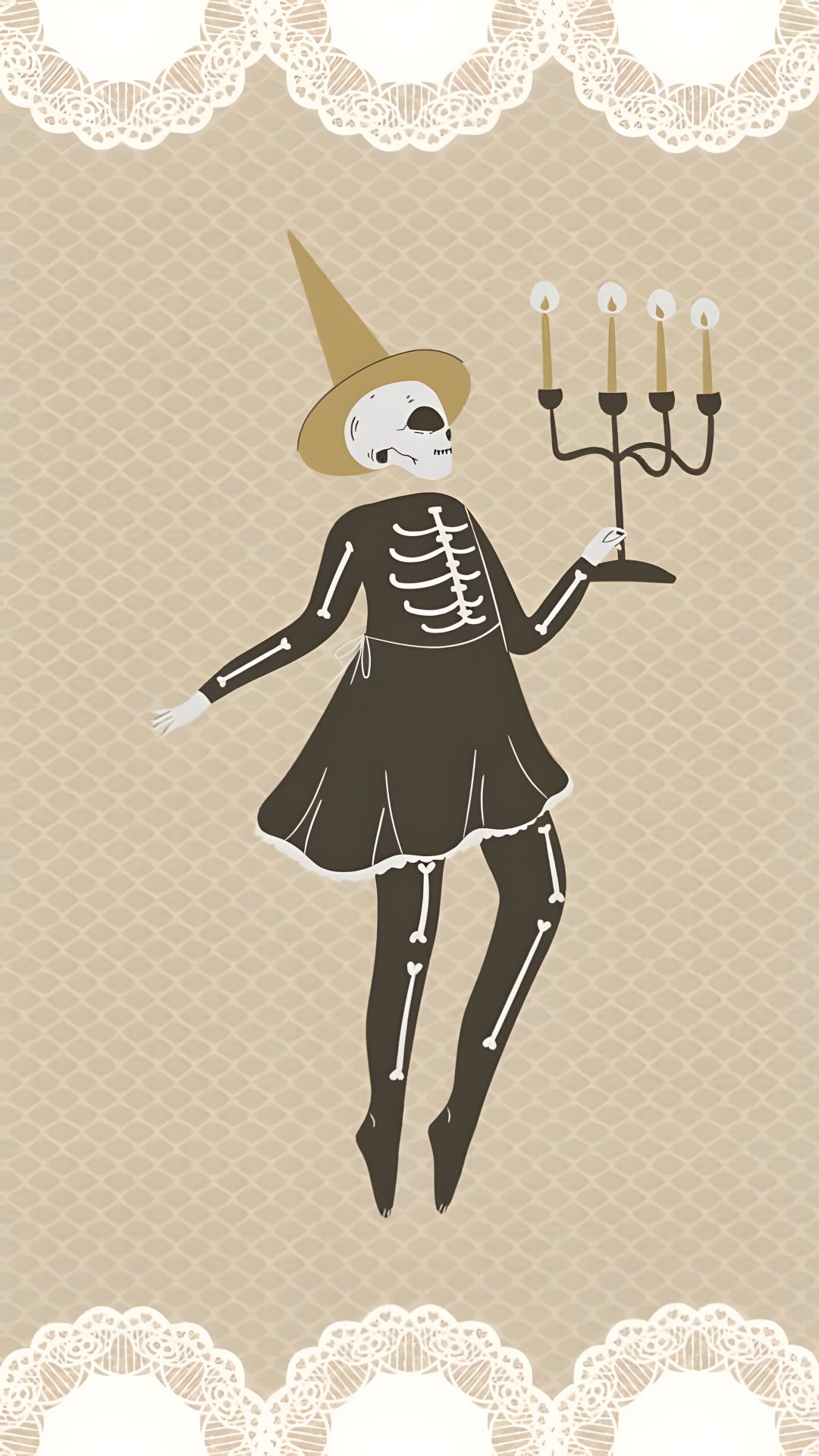 a skeleton in a dress holding a candelabra Cute Aesthetic Halloween Skeleton silver