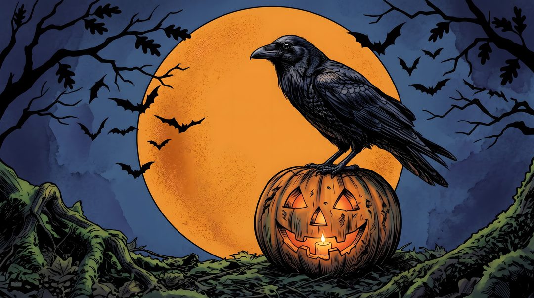 a crow sitting on top of a pumpkin in front of a full moon with bats Halloween Raven dark slate gray