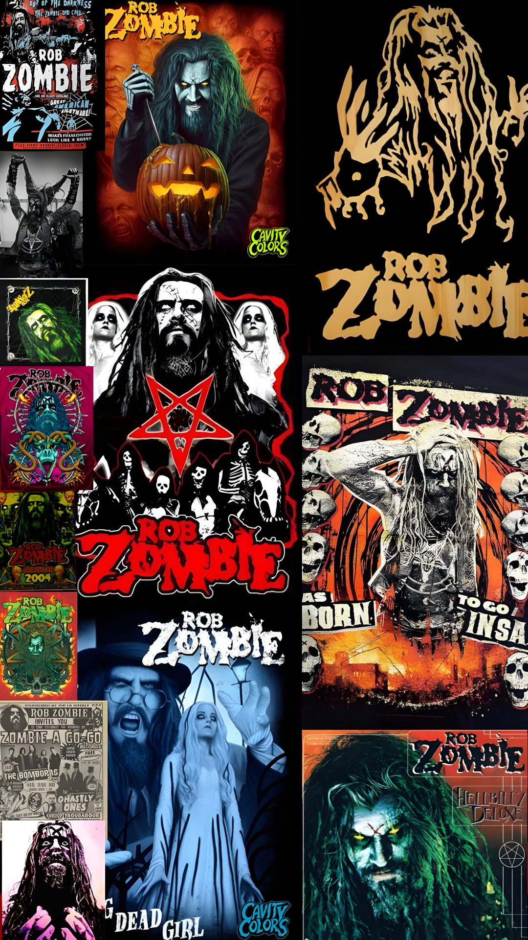 several different types of posters on a black background, including one with an image of a demon Halloween Rob Zombie dark slate gray