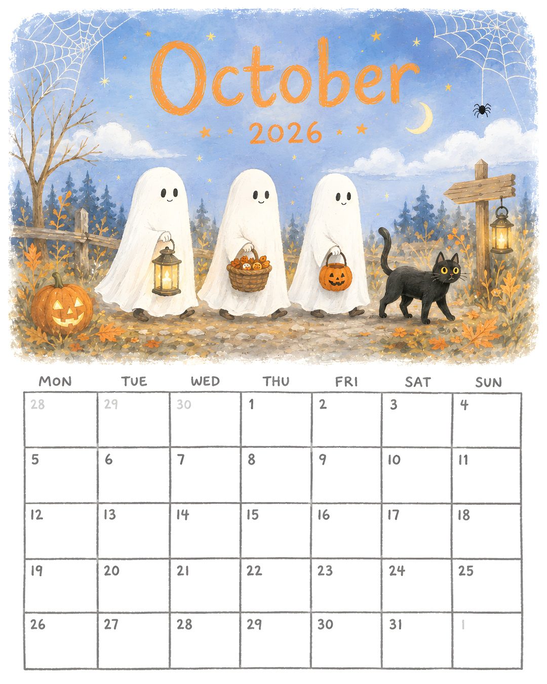 a calendar with three ghost on it and a black cat standing in front of them Halloween Calendar white smoke