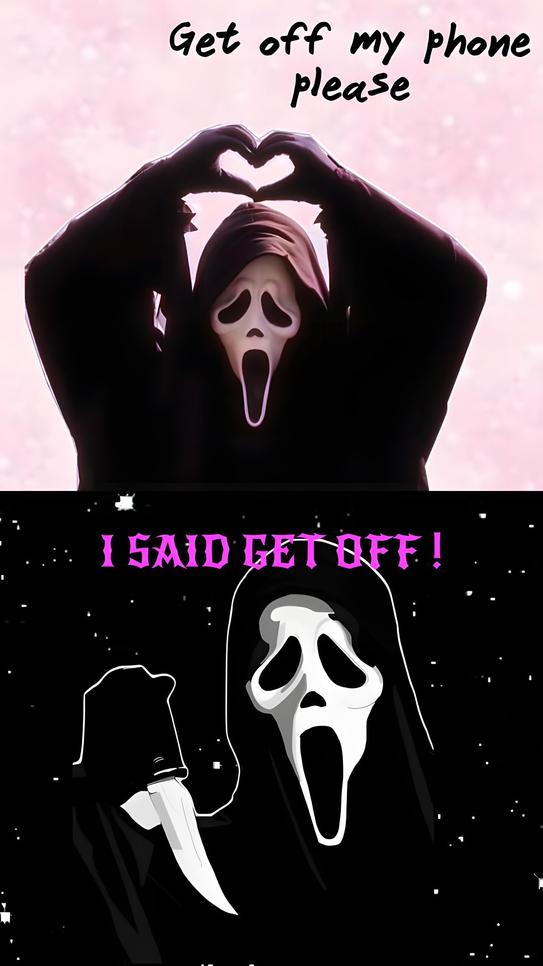 two people in black and white costumes with the caption get off my phone please Halloween Scream Cute Ghostface black