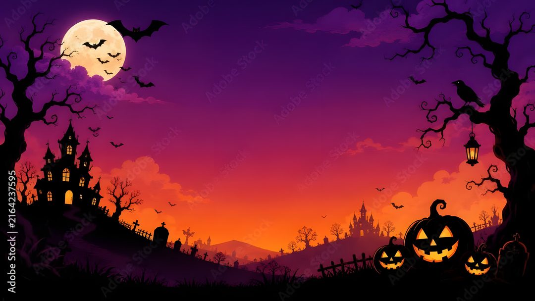 a halloween scene with pumpkins and bats Halloween Landscape indigo
