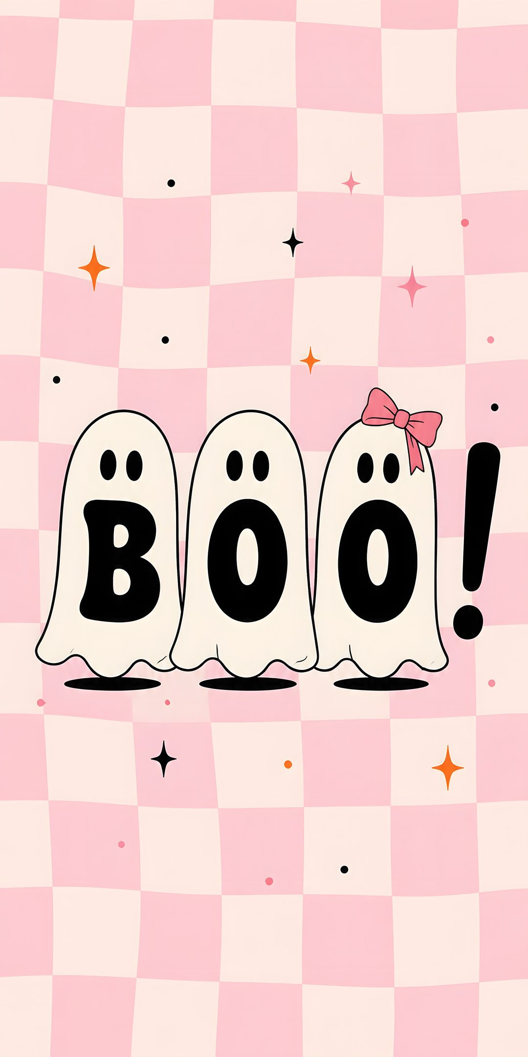 Three little ghosts spelling out BOO, one wearing a pink bow, on a soft pink checkerboard background. Preppy Halloween wallpaper for spooky season. Looking for something made just for you? My DMs are open on Instagram. #boo #halloweenwallpaper #preppyhalloween #checkerboard #pinkhalloween Cute Halloween Boo Bestie misty rose