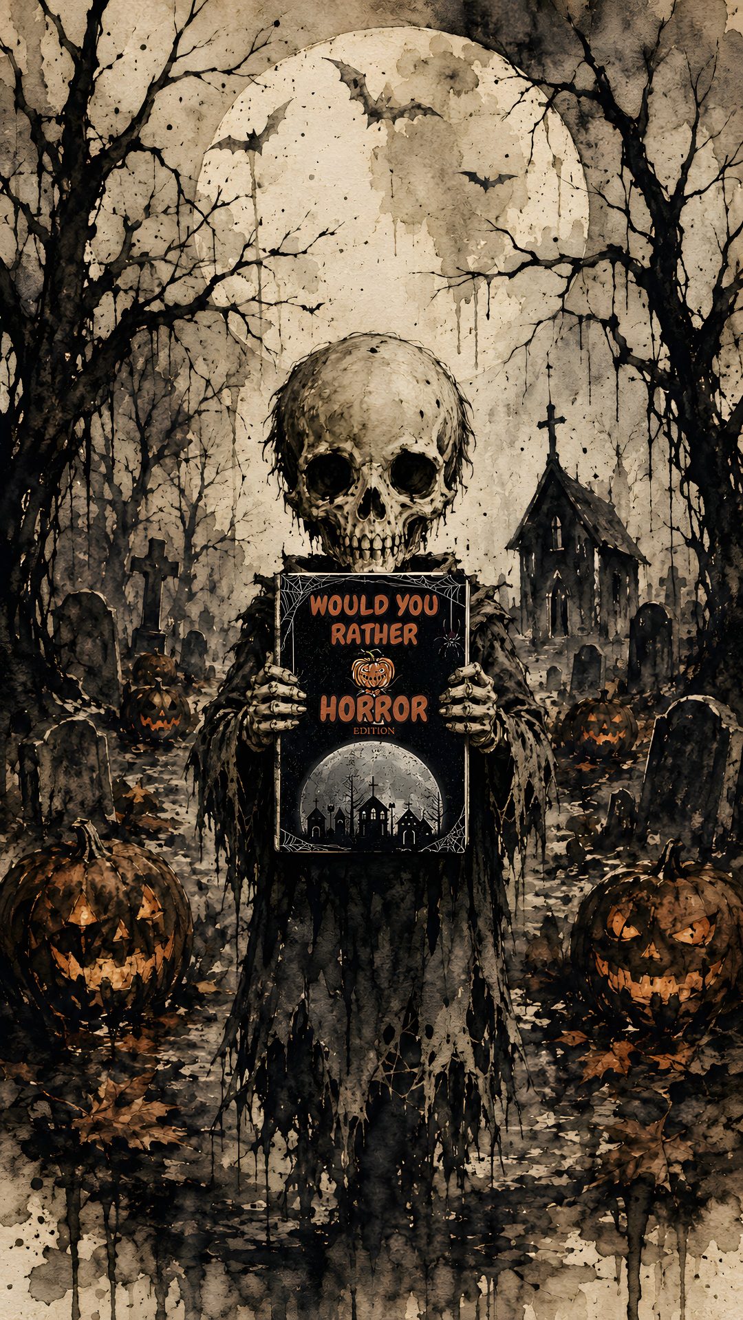 a painting of a skeleton holding a sign that says, would you not rather be happy halloween? Scary Creepy Halloween Art dark olive green
