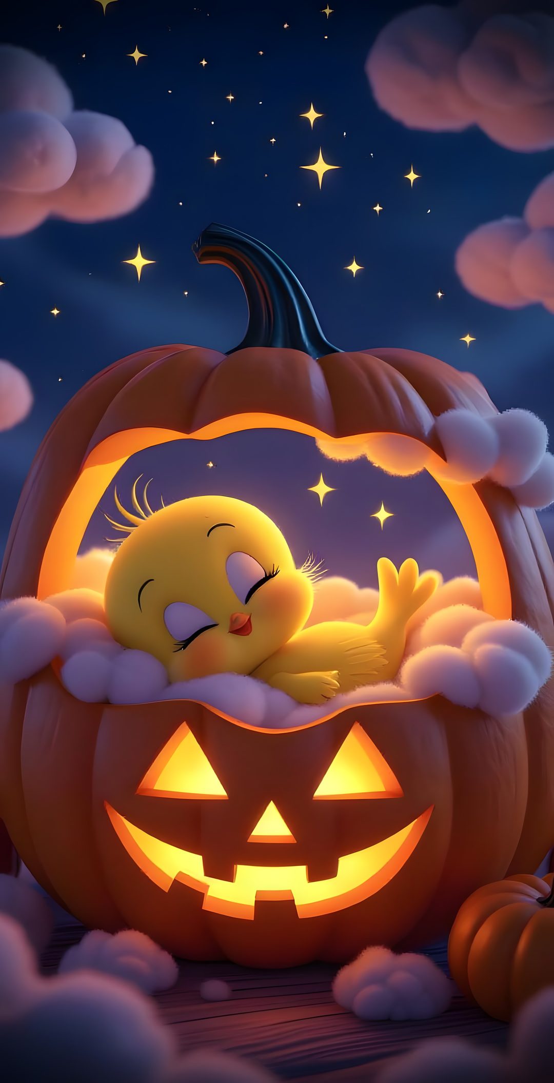 a pumpkin with a bird sleeping in it's mouth and clouds around it, all lit up at night Tweety Bird Halloween dark slate gray