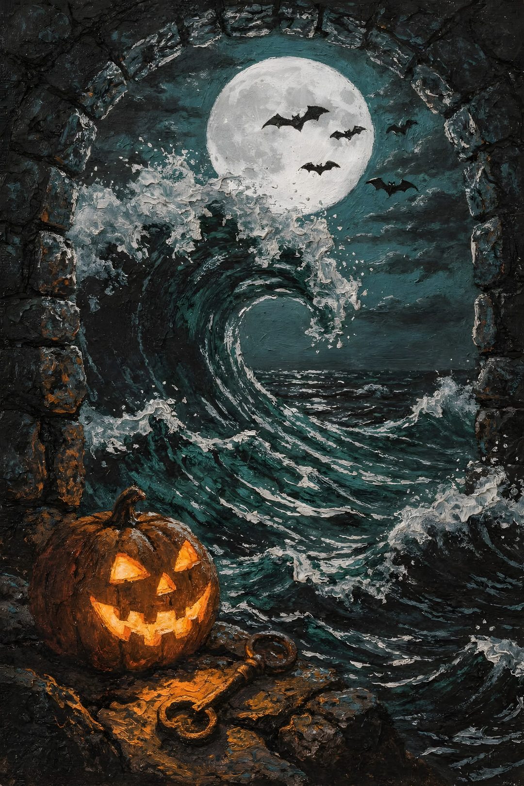 a pumpkin sitting on top of a stone wall next to an ocean with bats flying over it Beach Halloween dark slate gray
