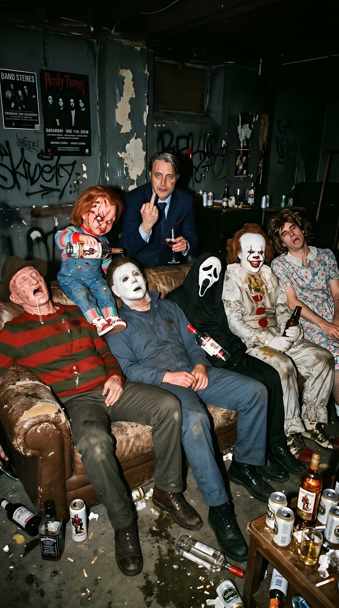 a group of people sitting around each other with clowns painted on their faces and mouths Halloween Costumes dark slate gray