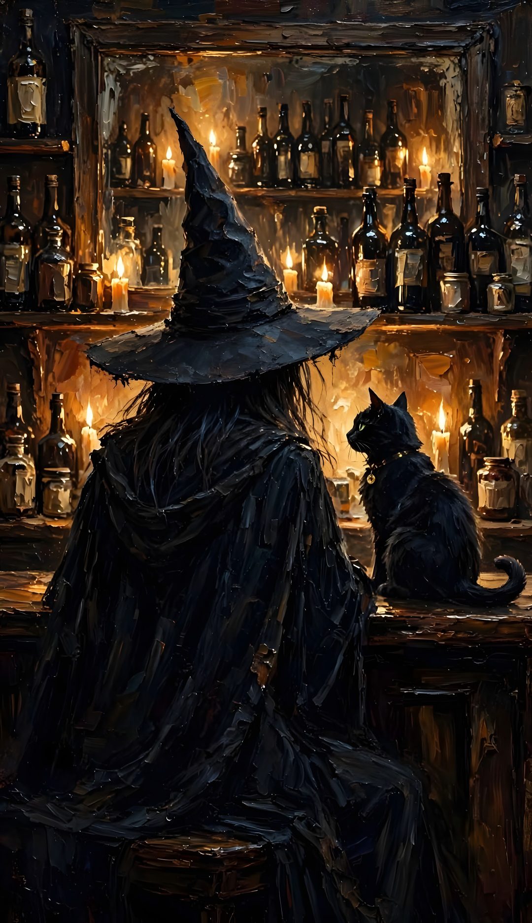 a painting of a witch sitting at a bar with a cat on the counter next to it Halloween Witch Cat black