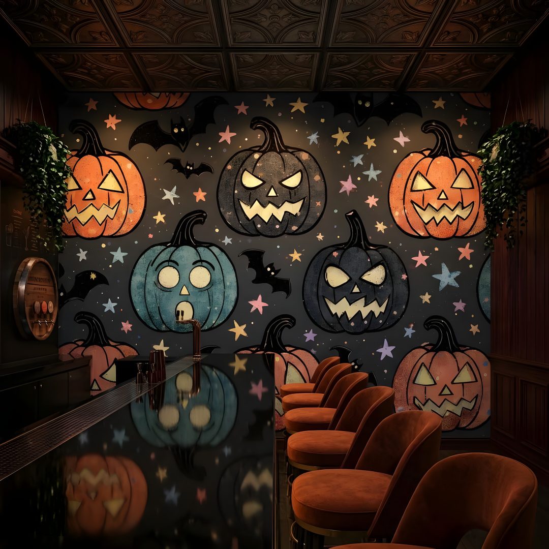 a room filled with lots of pumpkins on the wall Halloween Pumpkin For Walls black