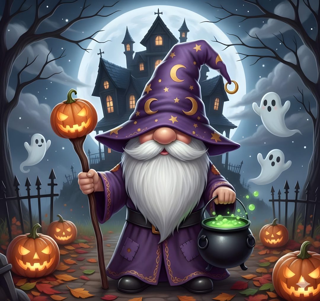 a wizard holding a caulder in front of a full moon with pumpkins Halloween Gnomes dark slate gray