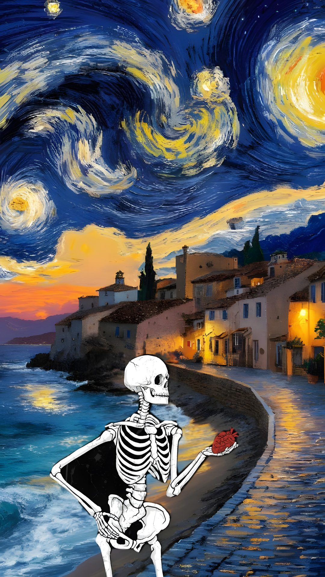 a painting of a skeleton holding a piece of food in front of the ocean and stars Halloween Van Gogh Skeleton dark slate gray
