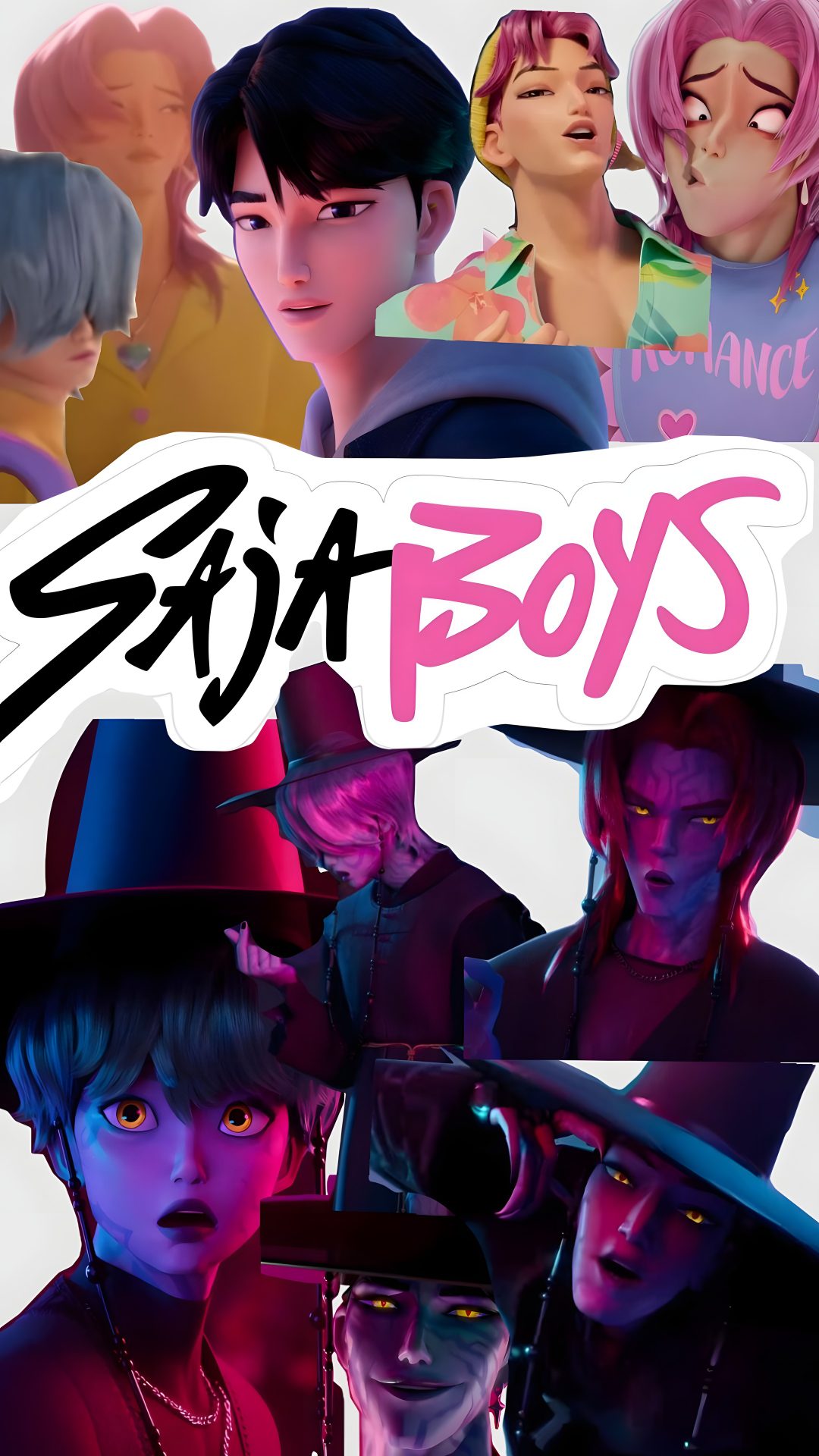 the poster for saja boys is shown in black and white, with pink hair Saja Boys Halloween Demon Hunter, Saja Boys Names, Saja Boys Your Idol, Boy Names, dim gray