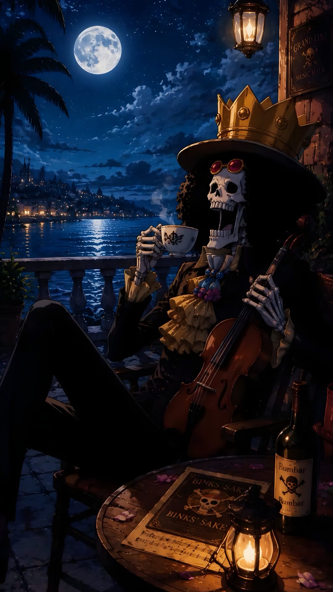 a skeleton sitting in a chair with a violin One Piece Halloween 4k black