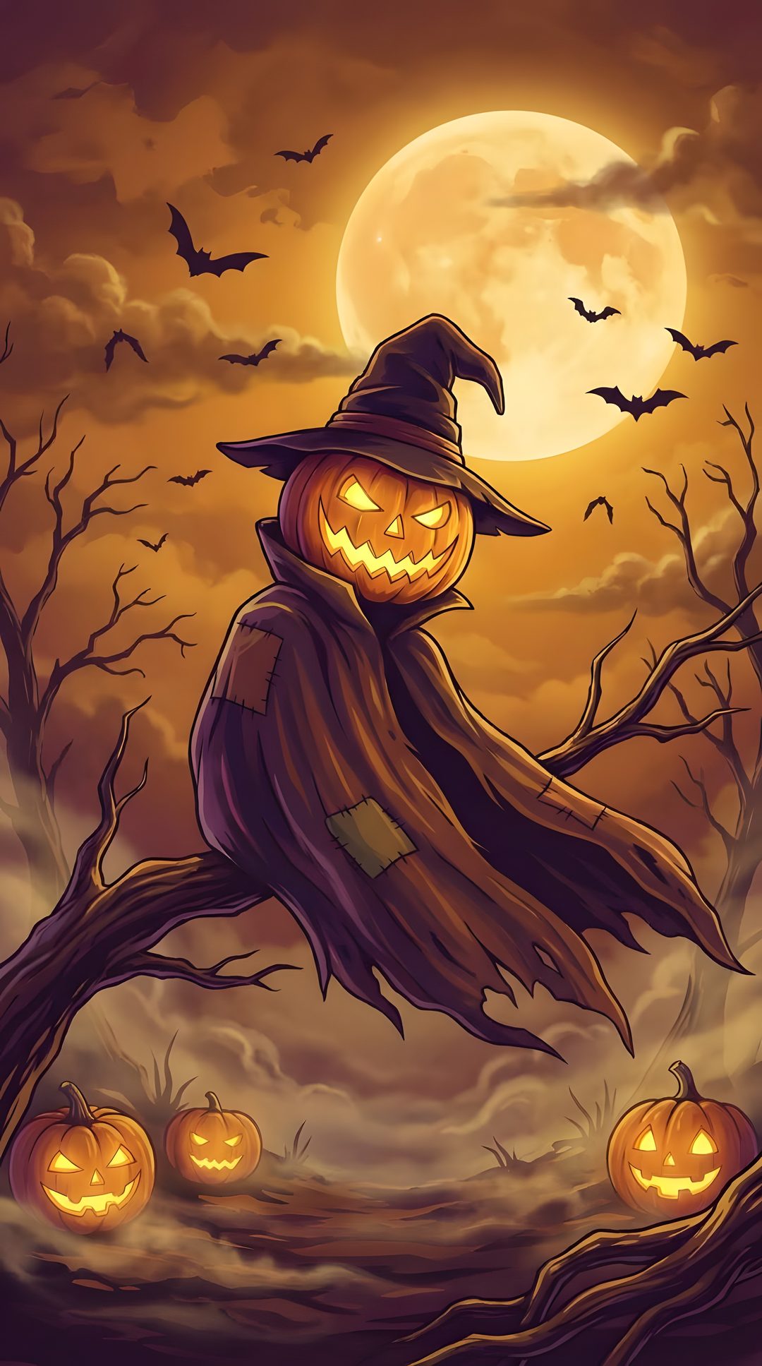 a painting of a scarecrow sitting on a tree branch with pumpkins in the background Halloween Scarecrow saddle brown