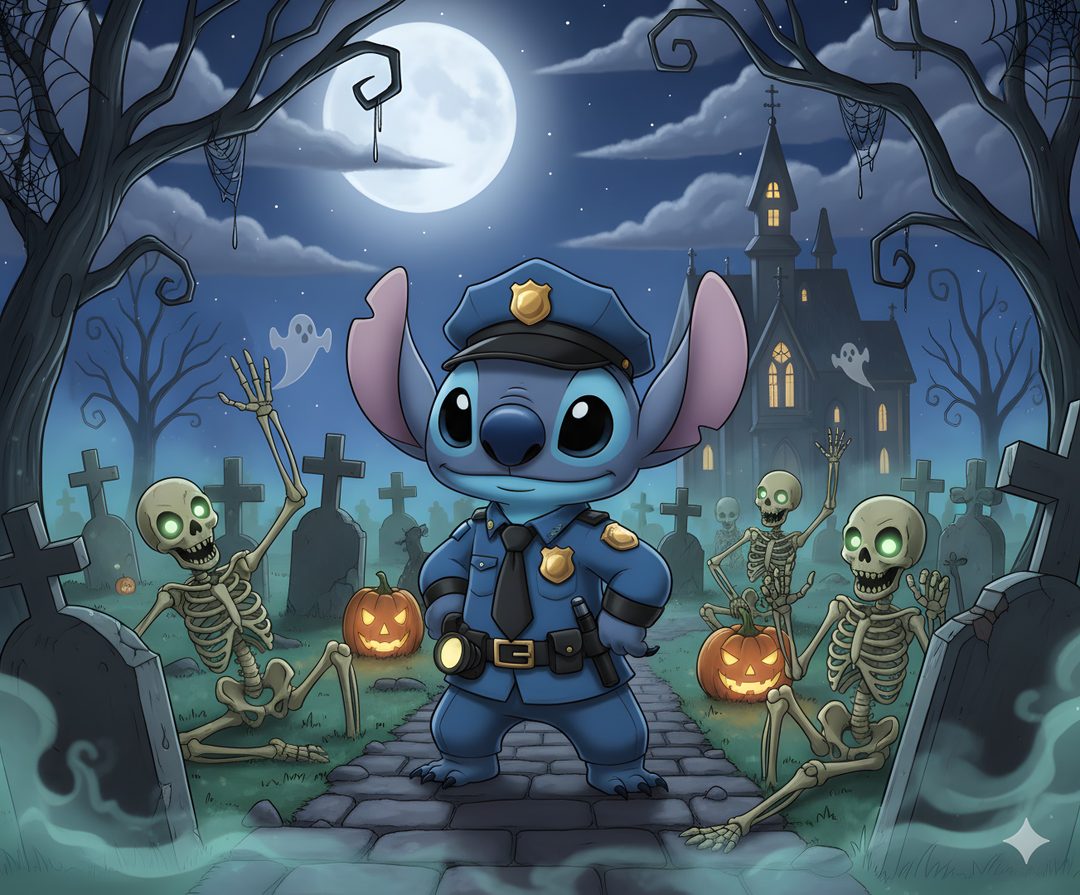 a cartoon character dressed as a police officer in front of halloween graveyard with skeletons and pumpkins Stitch Halloween Desktop Halloween, Stitch Disney, dark slate gray
