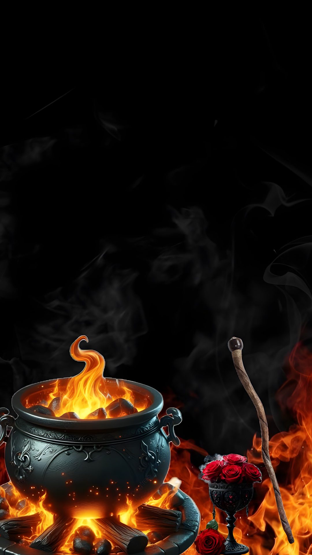 a caulder on fire with roses in the foreground and other items surrounding it Halloween Spooky Cauldron Snakes Potions black