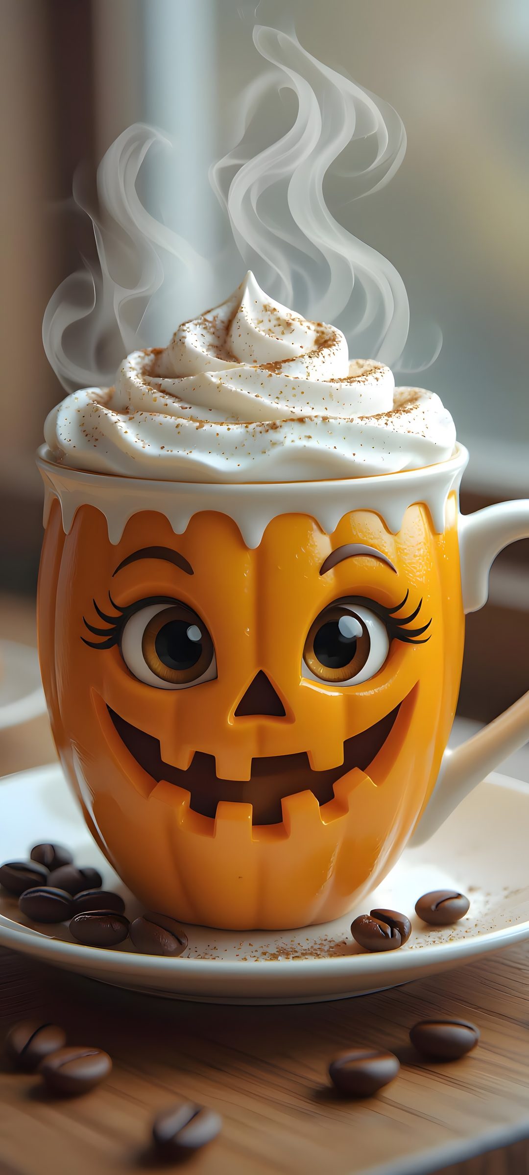 there is a pumpkin cup with whipped cream in it and eyes on the top, surrounded by coffee beans Halloween Coffee dim gray