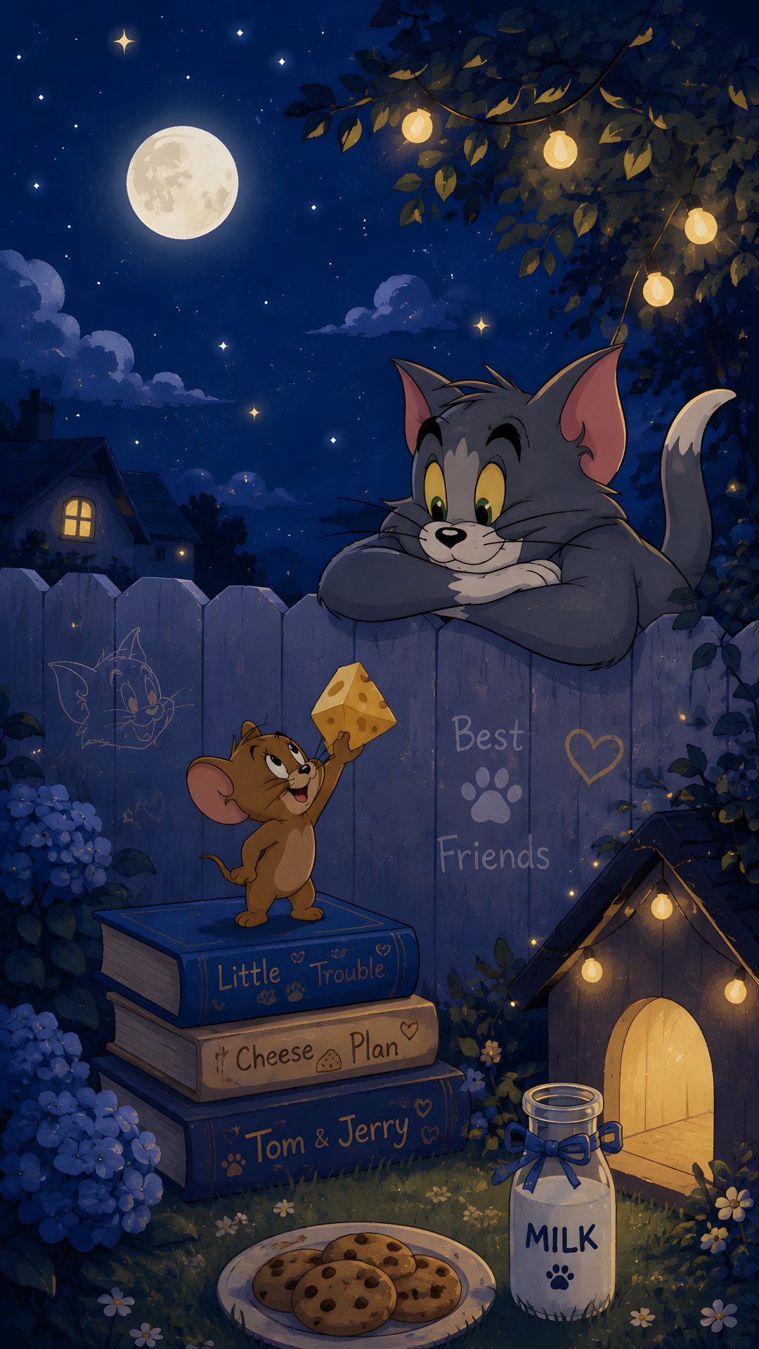 a painting of a cat and dog on books in front of a fence at night Tom And Jerry Halloween midnight blue