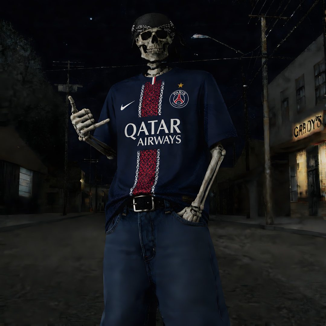 a skeleton wearing a paris saint - germain shirt is standing in the street at night Football Halloween Psg Soccer Outfit, Saint Germain, Paris Saint-germain, Paris, black