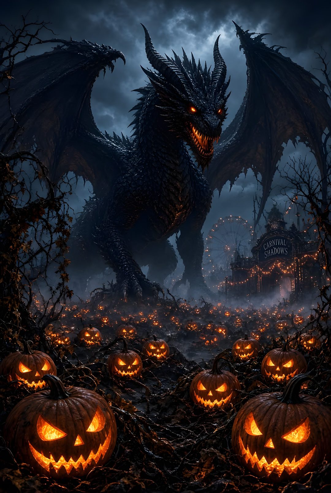 a dragon with glowing eyes is surrounded by pumpkins Halloween Dragon black