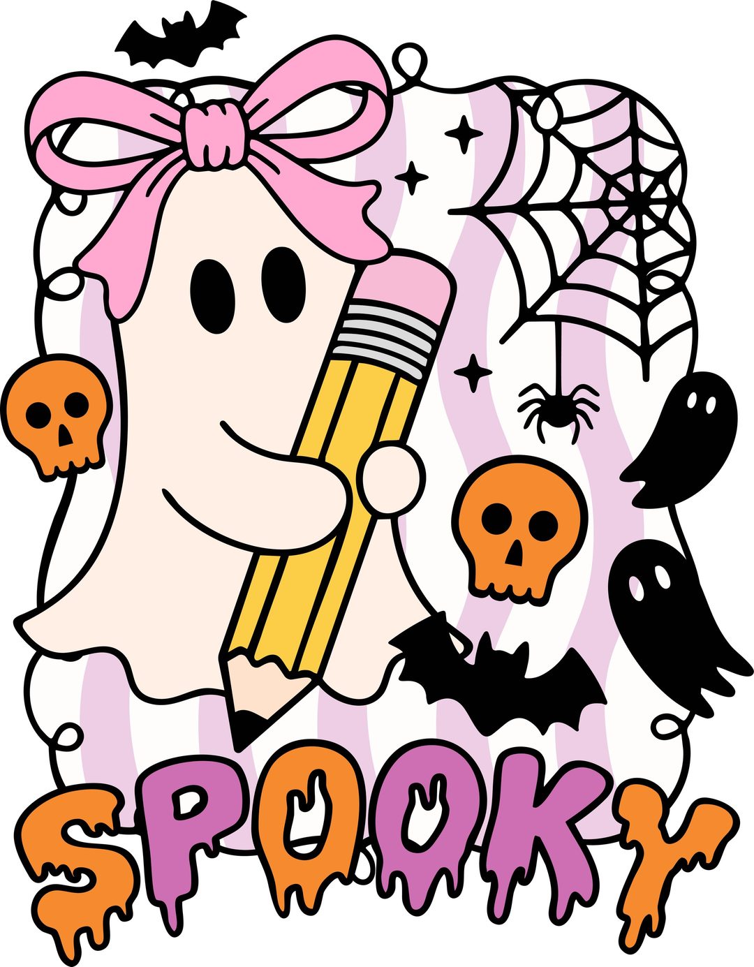 a cartoon character holding a pencil with skulls and spider webs in the background that says spooky Halloween Teacher linen